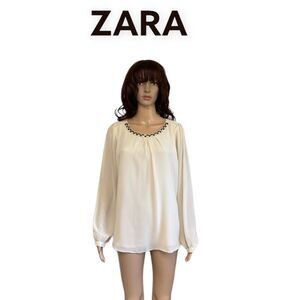 Zara Basic Ivory White Embellished Long Sleeve Blouse S
